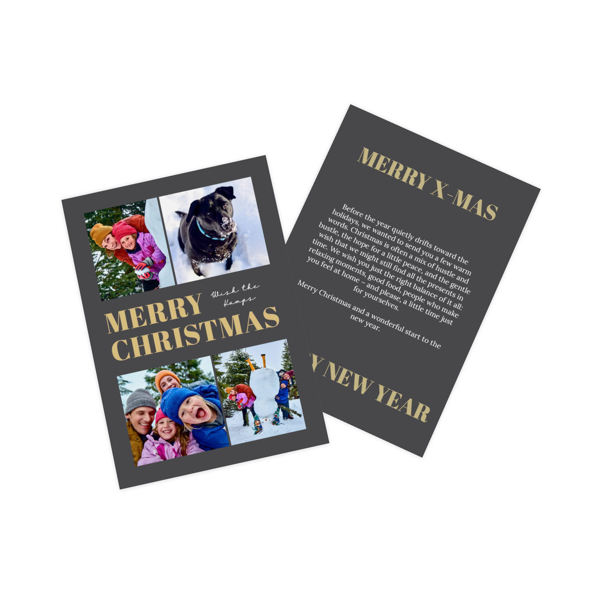 Carte de Noël personnalisée avec des photos de famille à la neige.