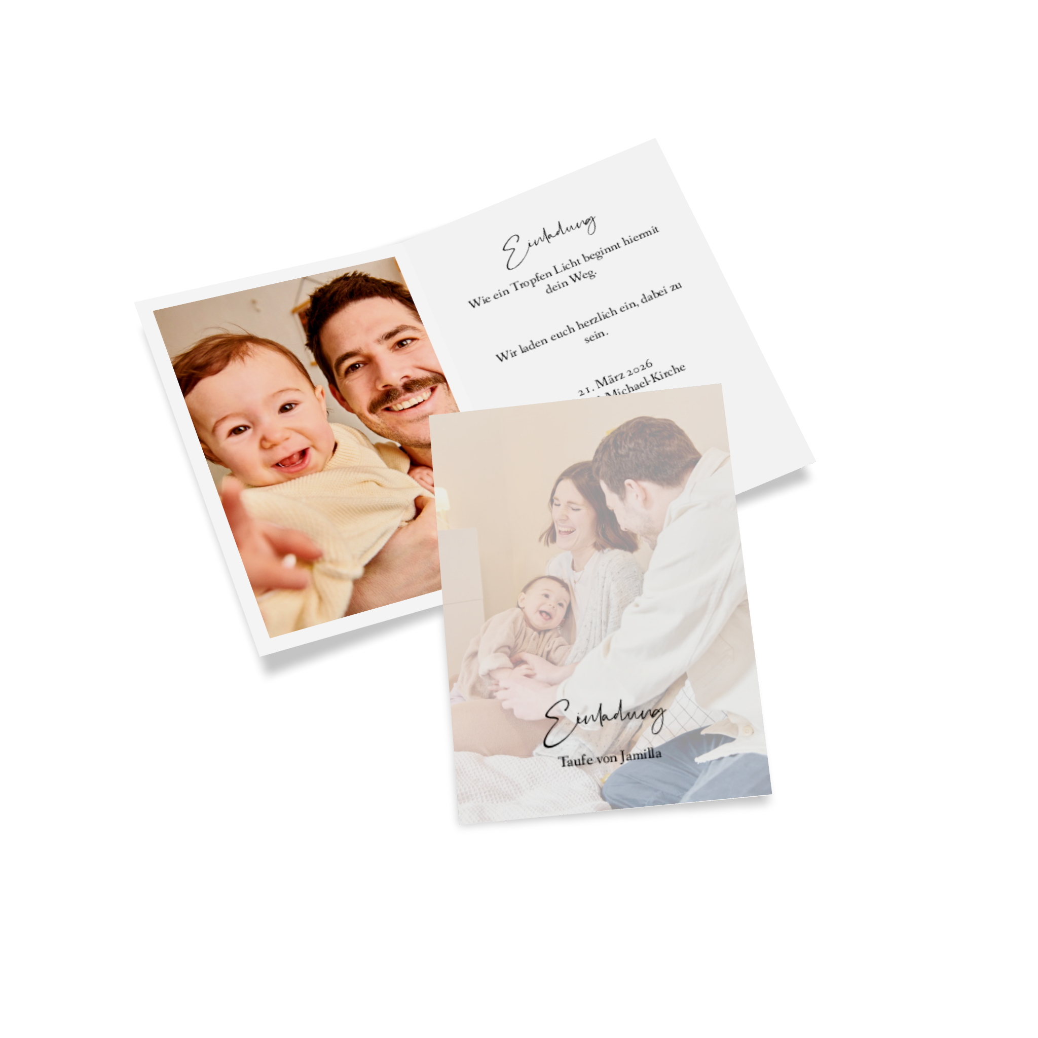 Einladungskarte zur Taufe mit eigenem Foto und individuellem Text.