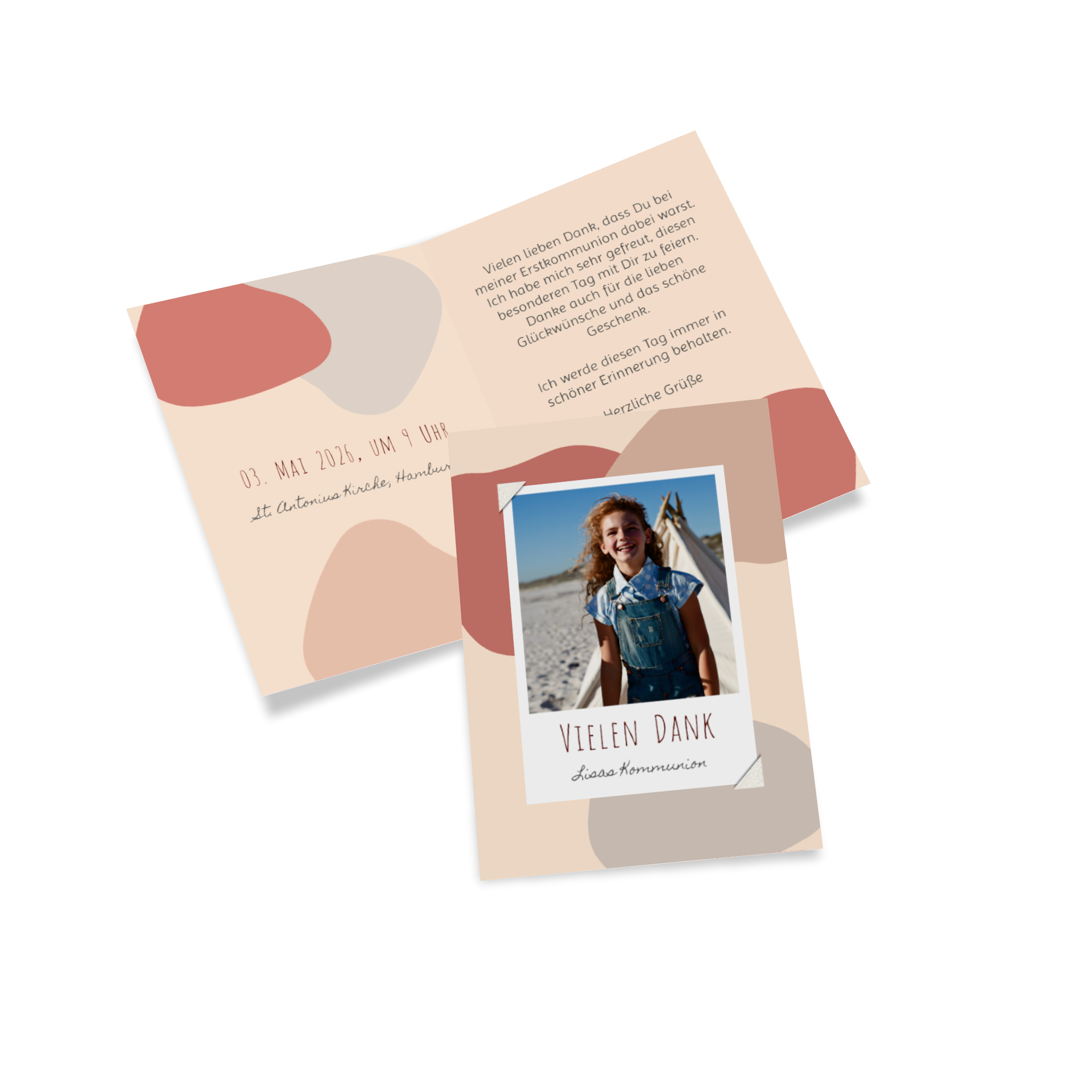 Dankeskarte zur Kommunion mit rosa Elementen und dem Bild eines Mädchens auf der Vorderseite.