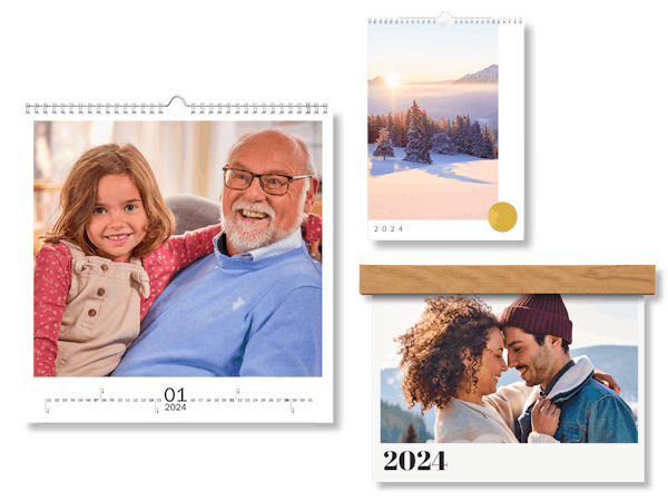 Calendarios personalizados con fotos 2023 en tres formatos con diseños, colgadores de madera y fotos invernales
