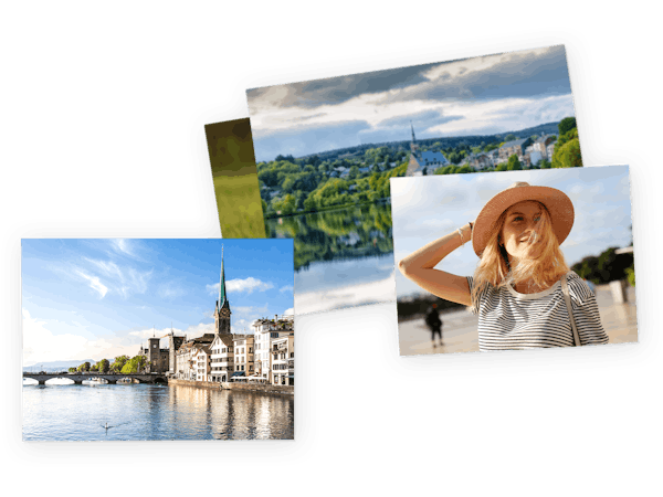 Digitale Fotos entwickeln lassen Freisteller von verschiedenen übereinander liegenden Fotoabzügen mit sommerlichen Motiven