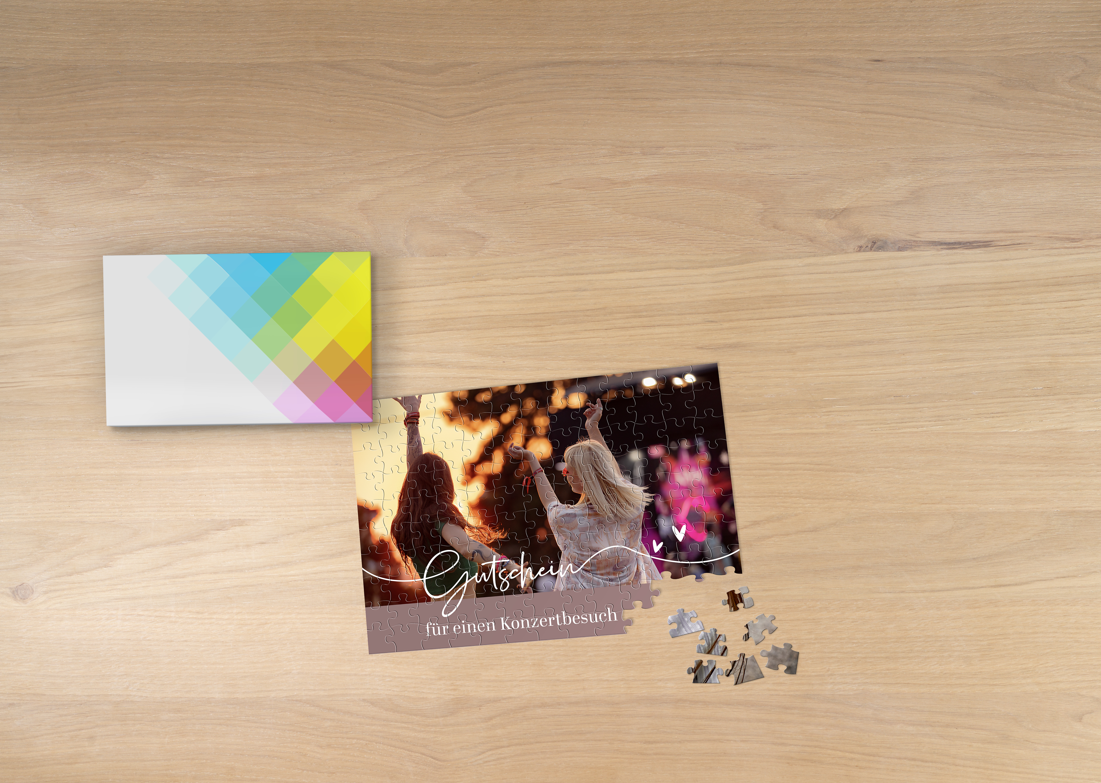 Fotopuzzle mit 112 Teilen und einem Gutschein-Design.