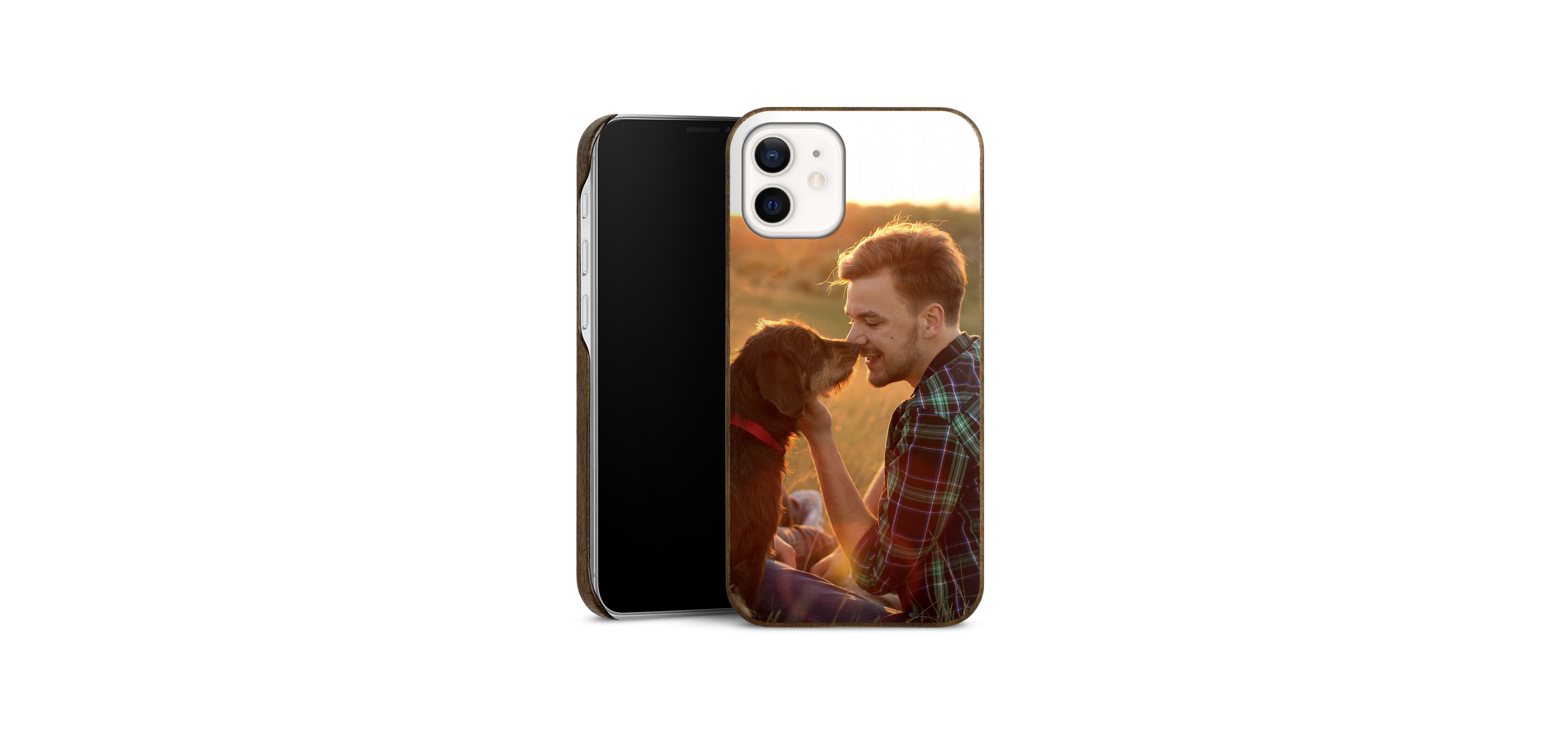 Funda de madera reforzada con foto de un chico con su perro