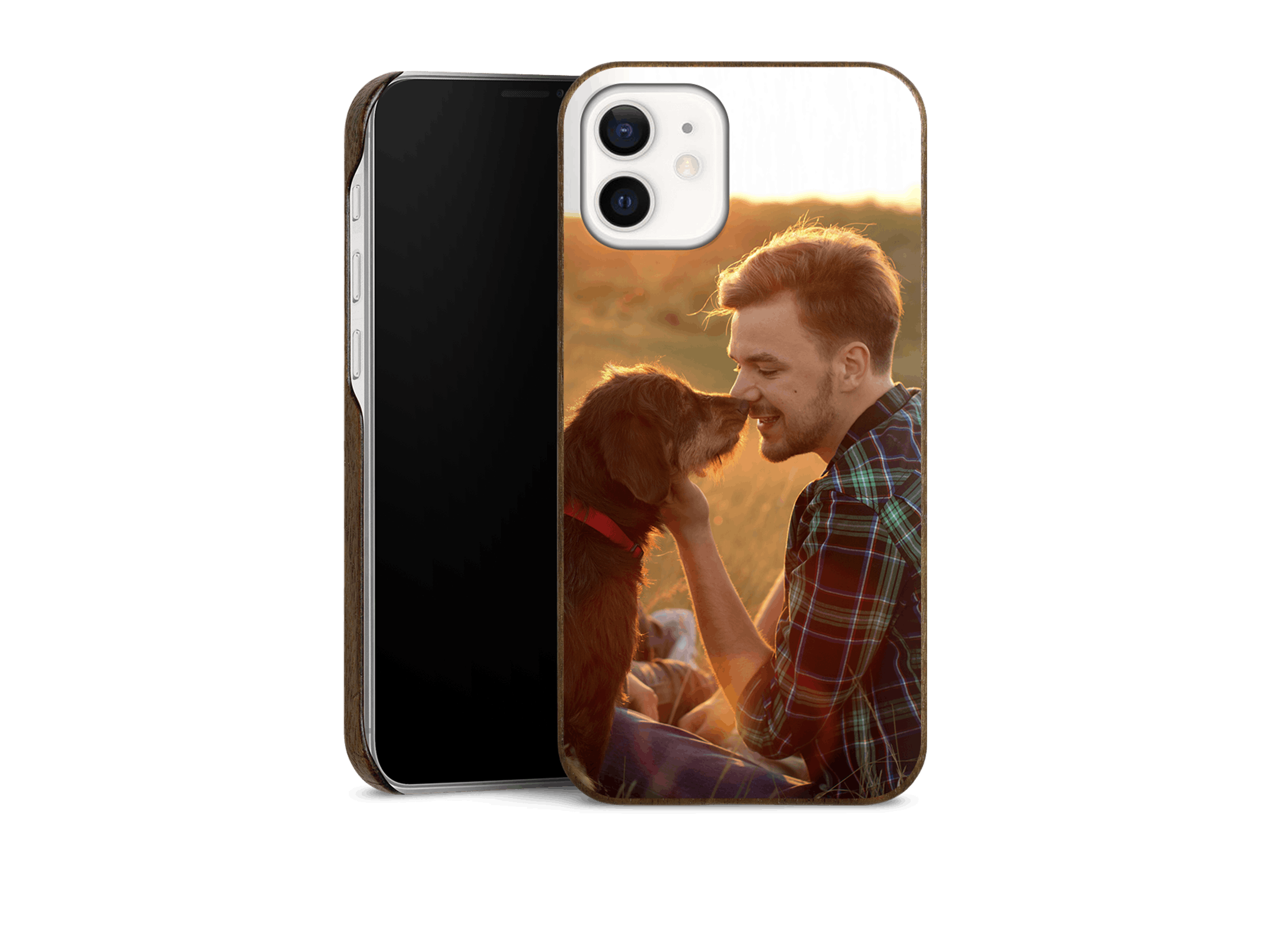 Cover in legno premium con foto di un uomo con un cane