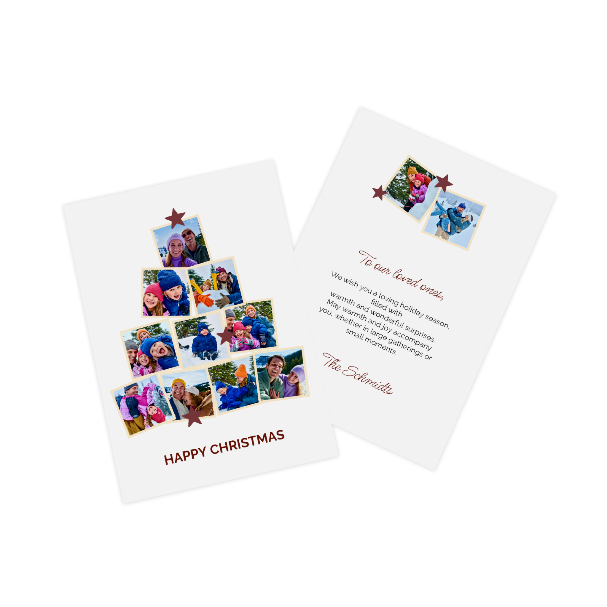 Kerstkaarten met foto's in de vorm van een kerstboom.