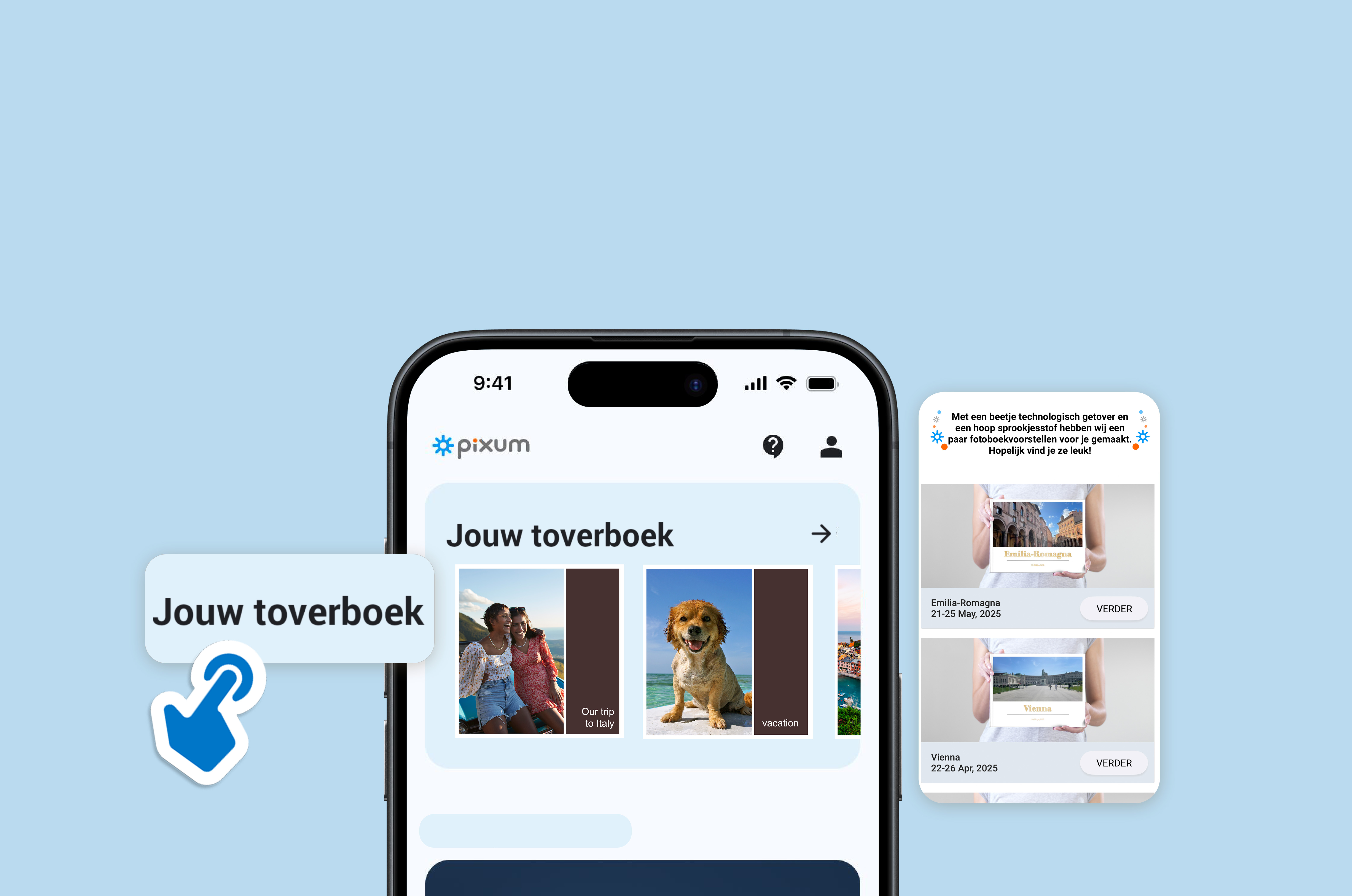Pixum App met de toverboeken-functie om automatisch een fotoboek te maken.