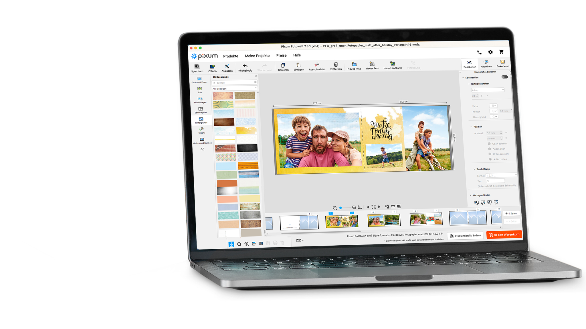 Laptop mit der Pixum Fotowelt Software, in der gerade ein Fotobuch erstellt wird.