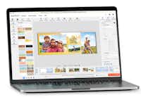 Pixum Fotowelt Software Laptop mit der Pixum Fotowelt Software, in der gerade ein Fotobuch erstellt wird.