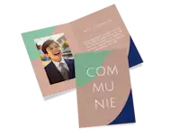 Hippe communiekaartjes maken Voorbeeld van een communieuitnodiging met tekst en foto.