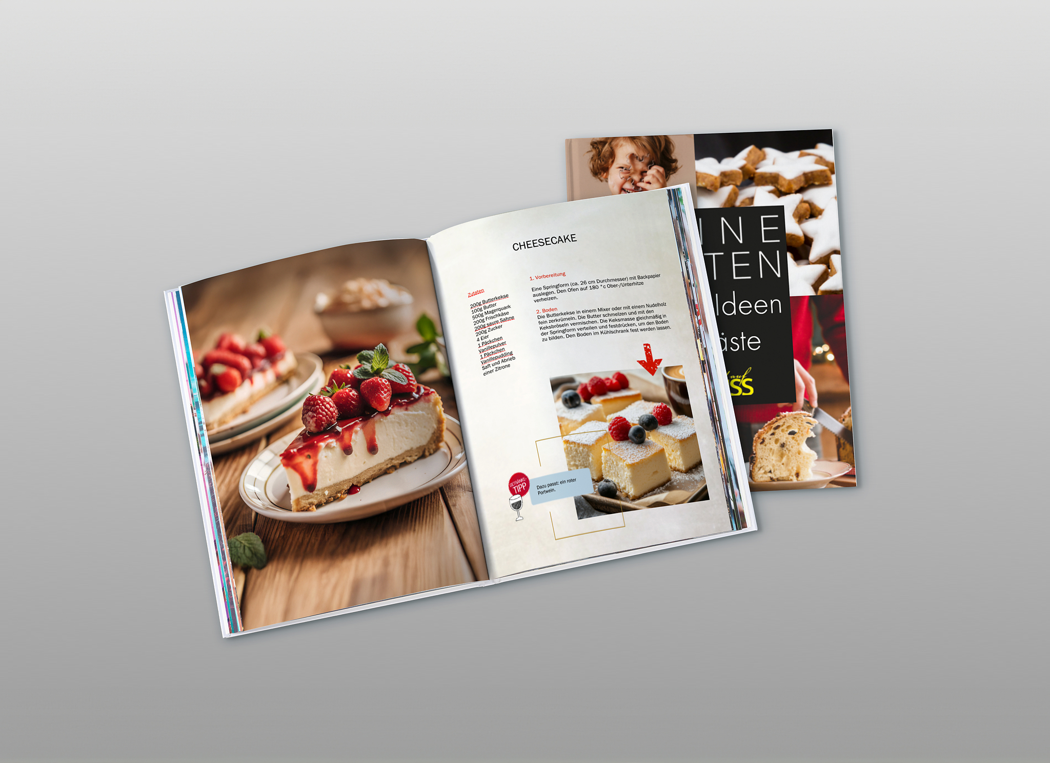 Aufgeschlagenes Backbuch, das mit einer Vorlage von Pixum selbst gestaltet wurde.