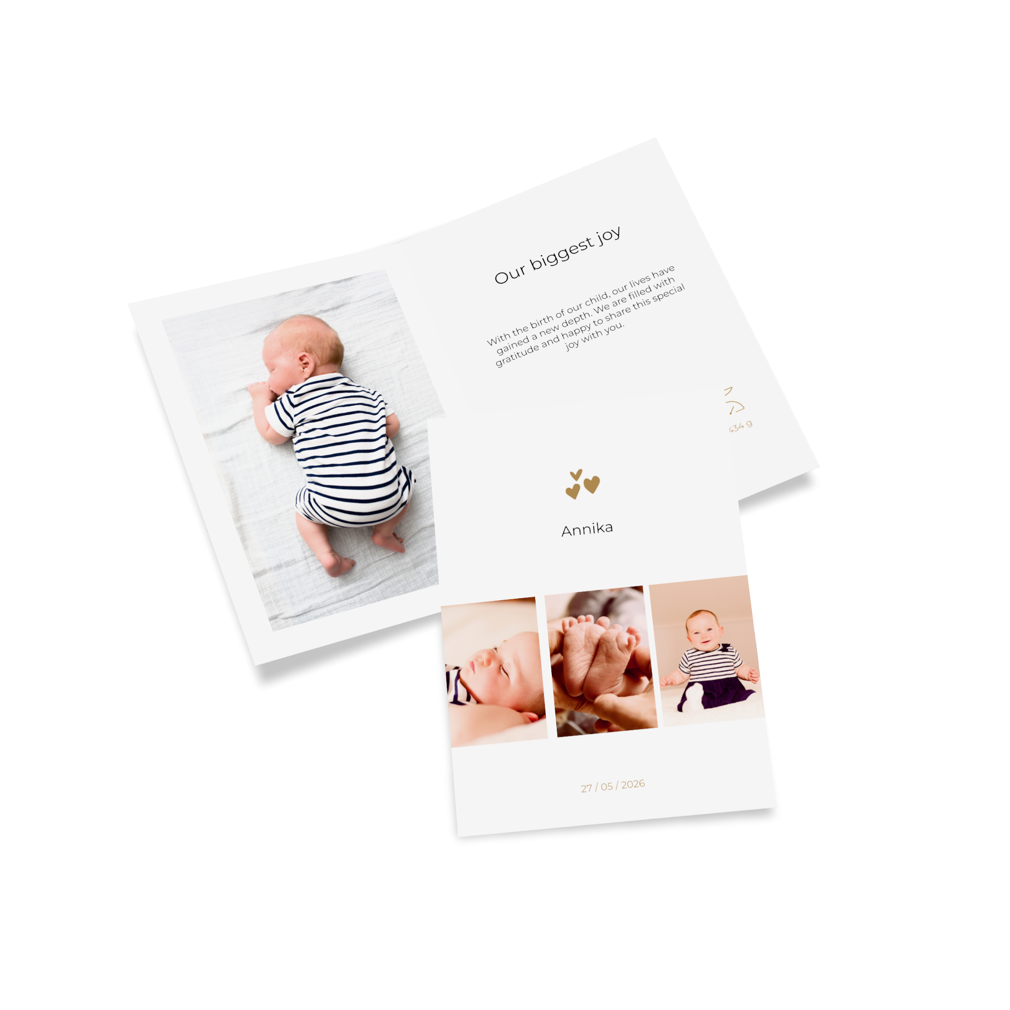 Twee geboortekaartjes met foto's van baby's en tekst.