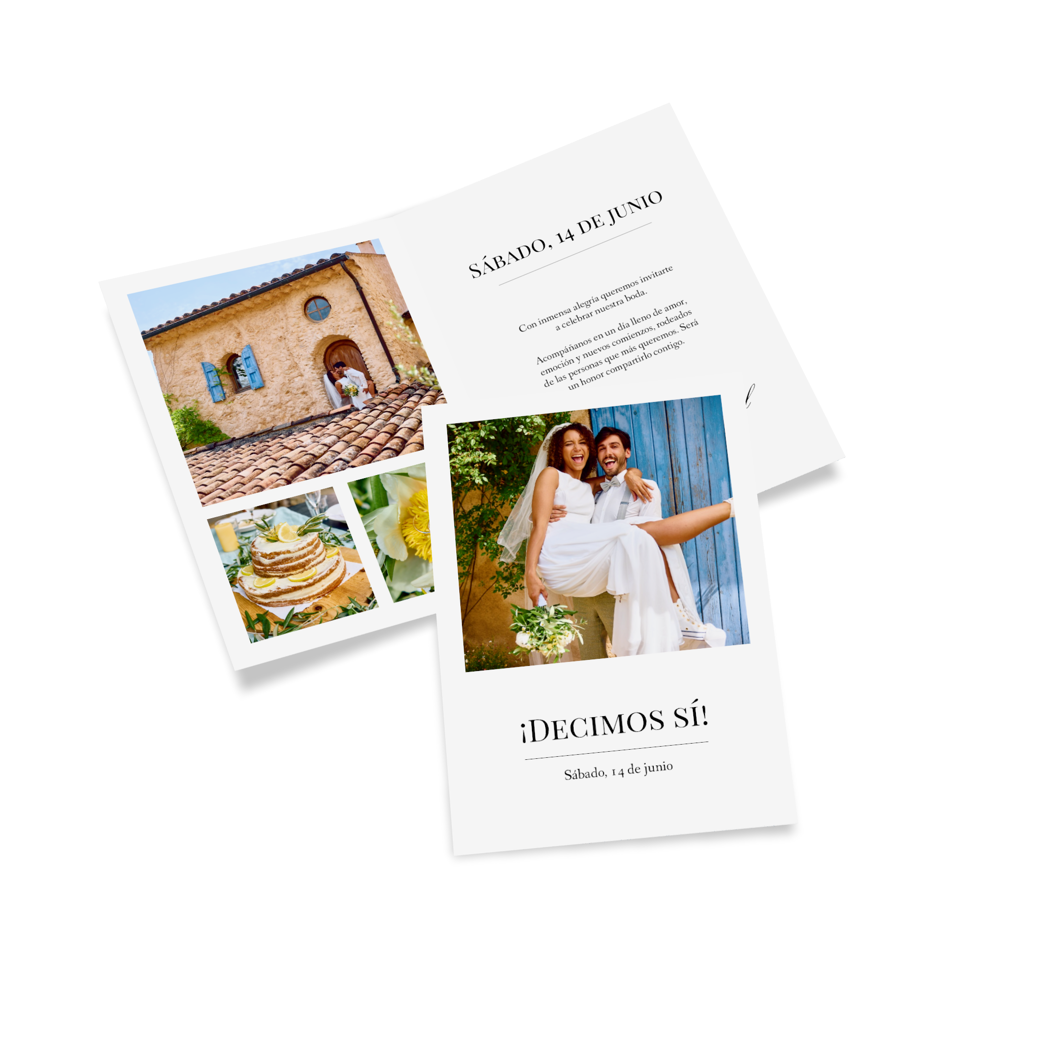 Una tarjeta con foto como invitación de boda con la foto de la pareja y sus nombres escritos