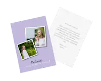 Fotobedankkaart voor communie Bedankkaart met foto voor de communie met een paarse achtergrond en foto's van de communicant.