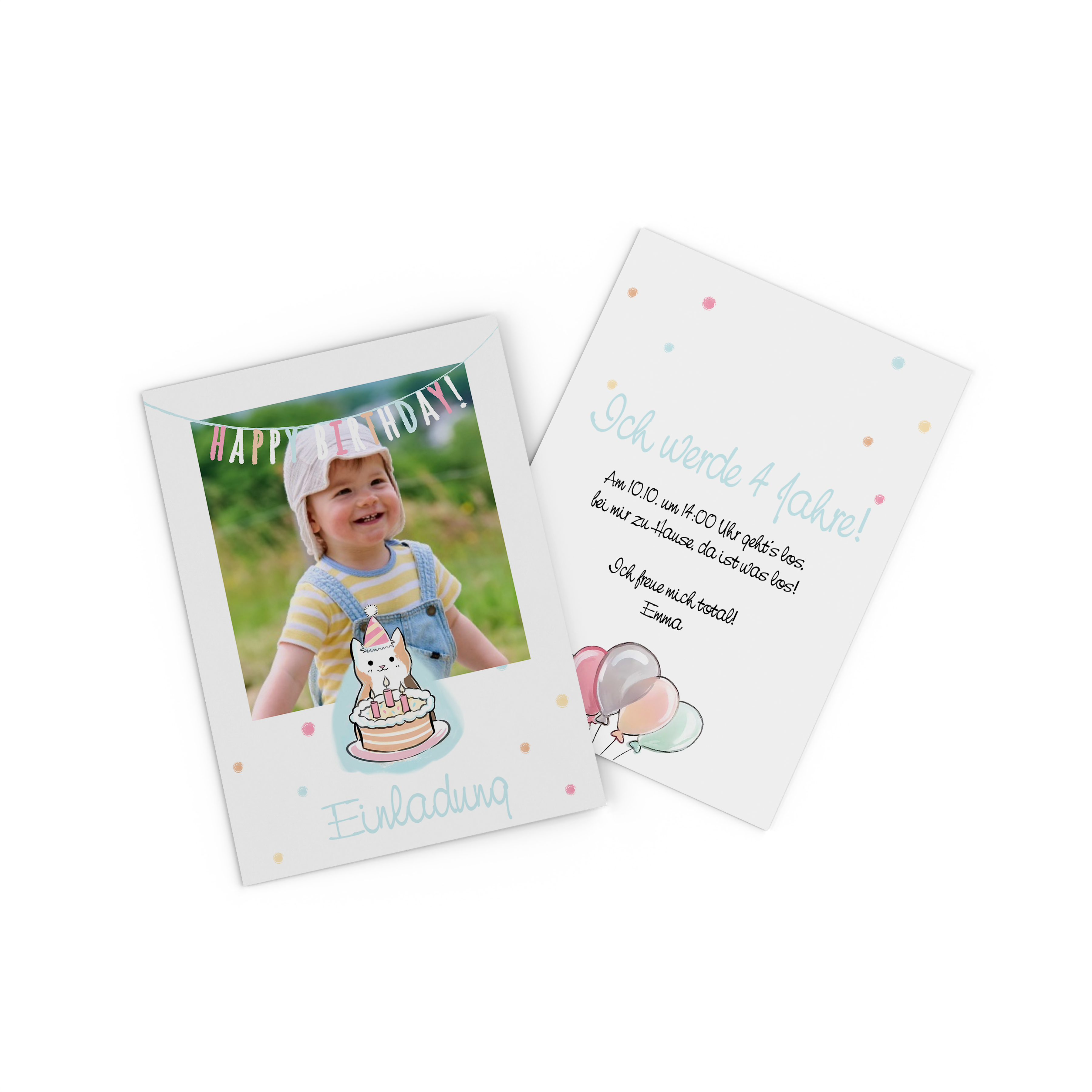 Fotokarte mit einer Katzen-Illustration  als Geburtstagseinladung