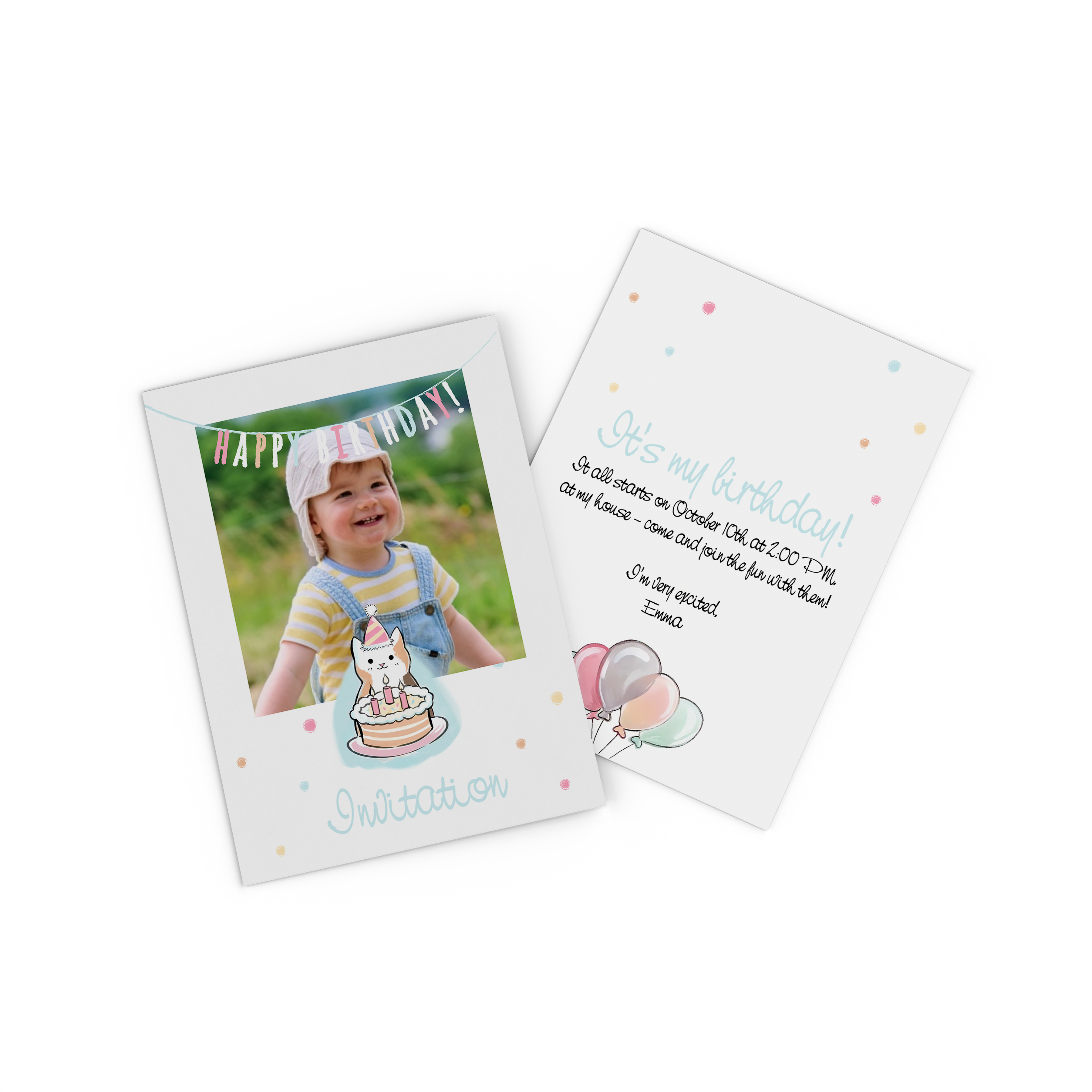 Carte d'invitation à un anniversaire avec une photo et une illustration de chat