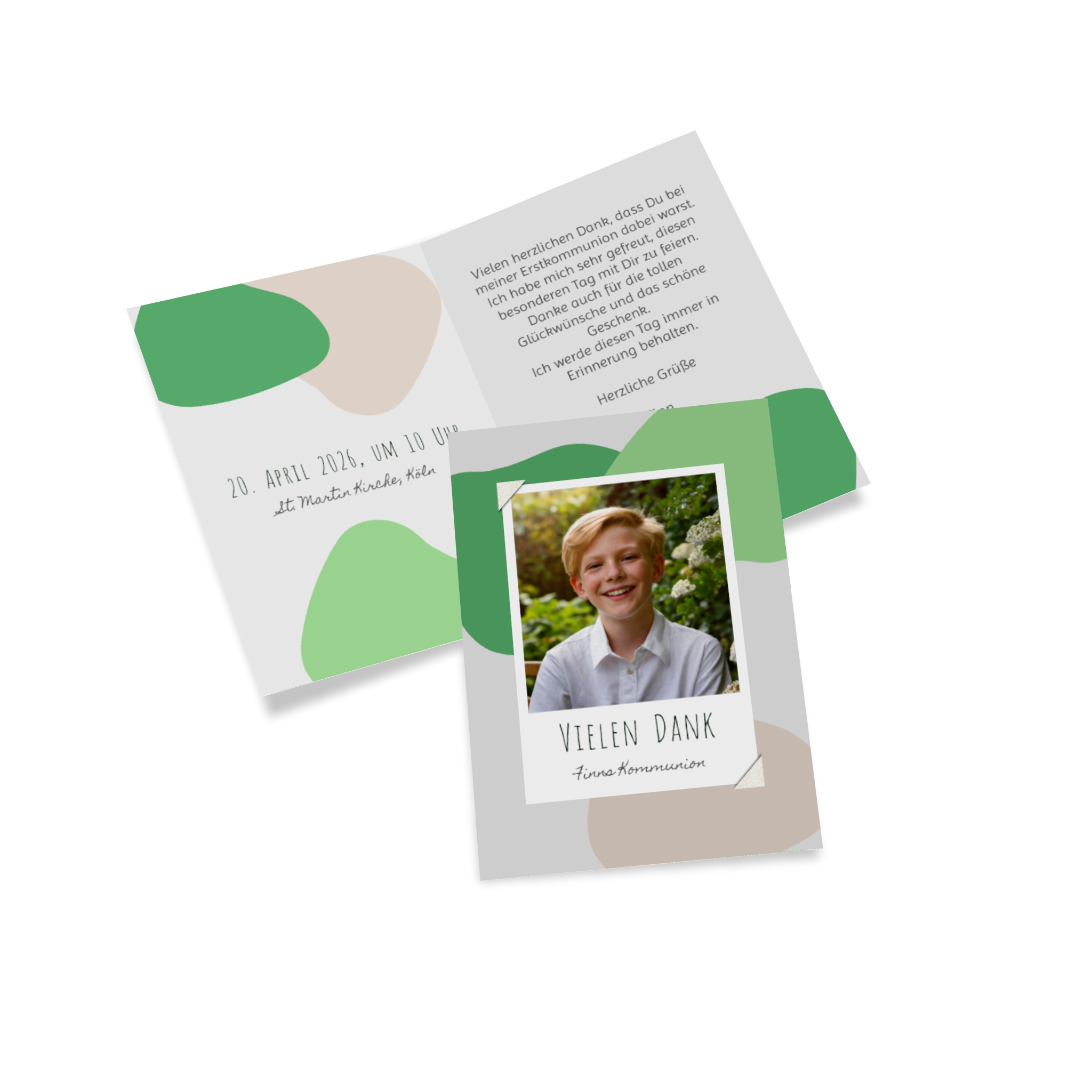 Dankeskarte zur Kommunion mit grünen Elementen und dem Bild eines Jungen auf der Vorderseite.