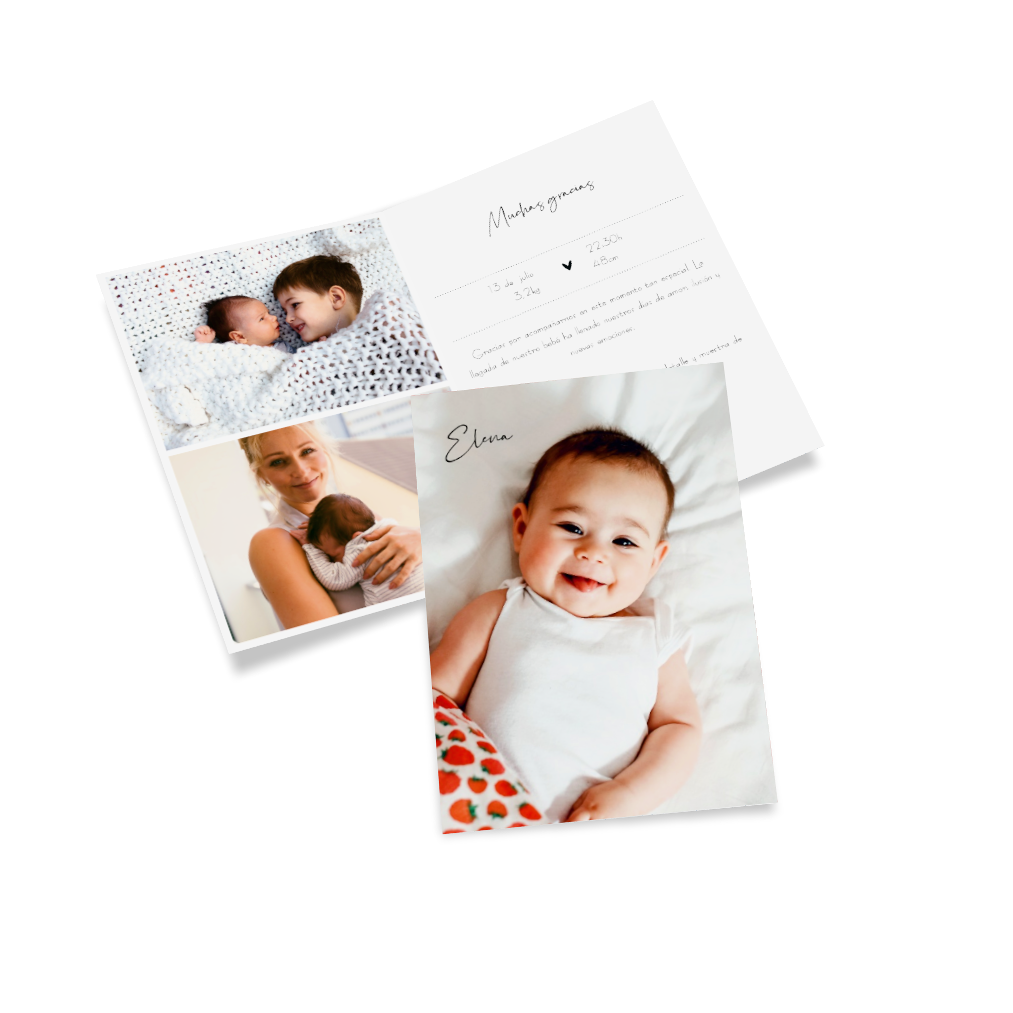 
Tarjeta fotográfica de nacimiento con información sobre el nacimiento y fotos de familia