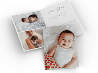 Verschicke persönliche Karten zur Geburt Fotokarte zur Geburt mit Informationen zur Geburt und Familienfotos
