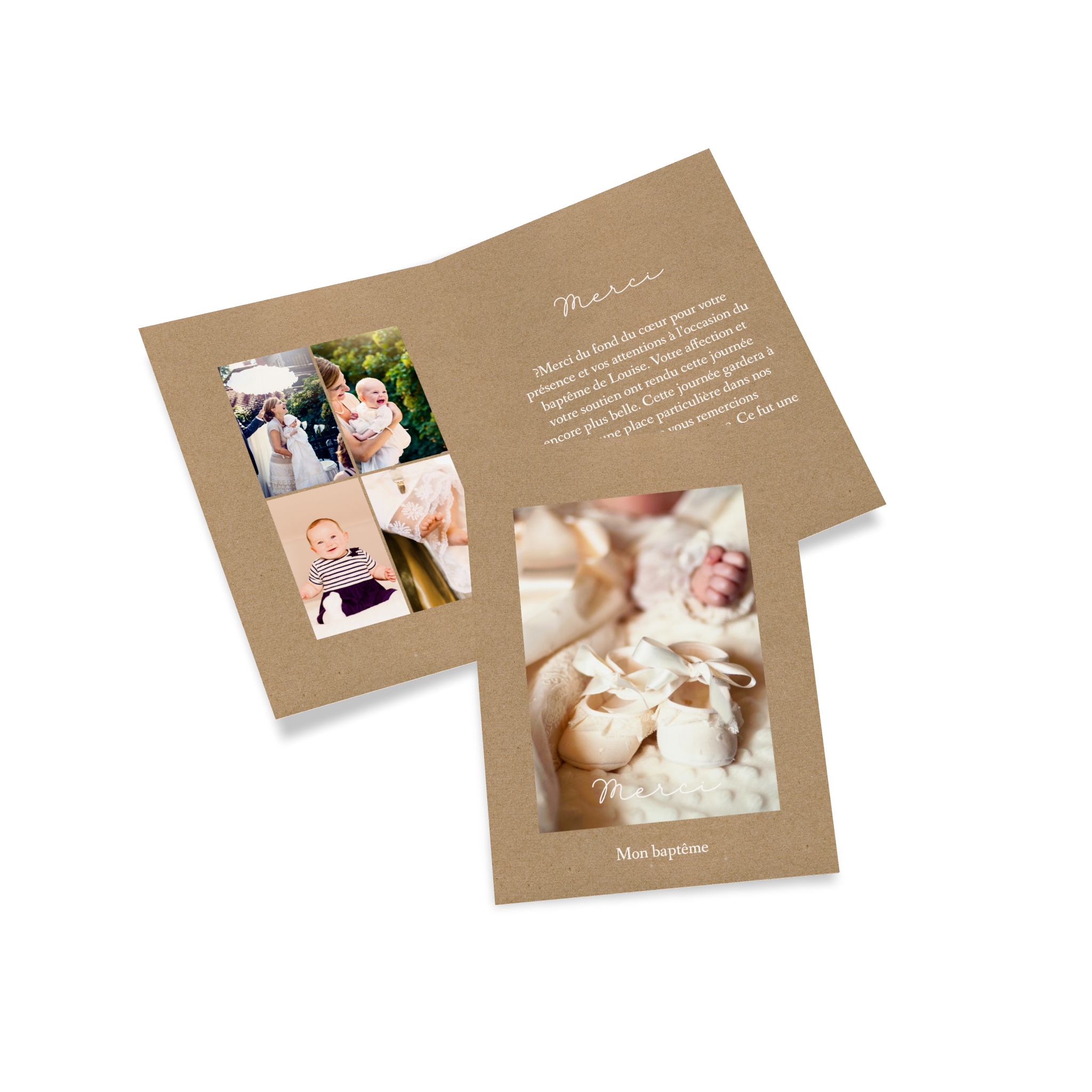 Carte pliante pour un remerciement de baptême et le design Kraftpaper Greetings.