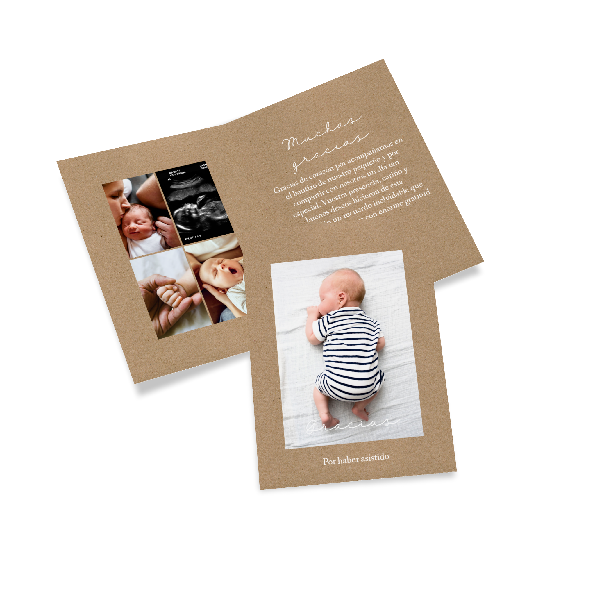 Una tarjeta plegable personalizada con fotos y textos como tarjeta de agradecimiento de bautizo