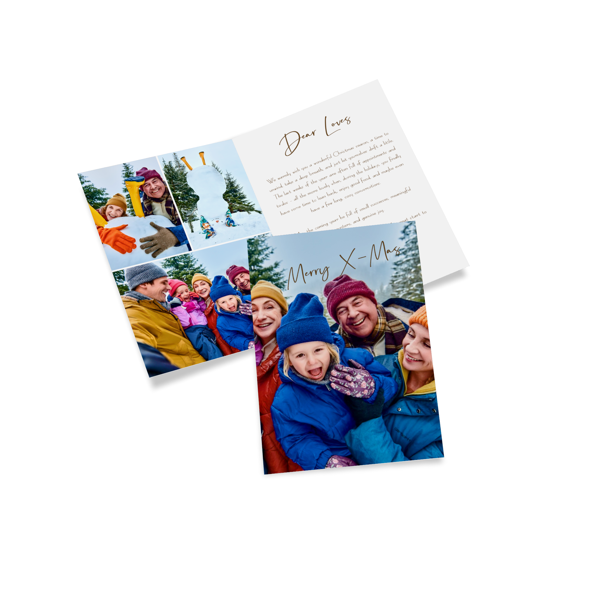 Carte de Noël personnalisée avec des photos d'une famille à la neige.