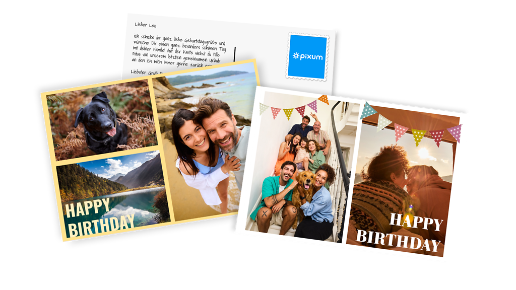 Tarjeta postal Pixum como tarjeta de cumpleaños con un collage 