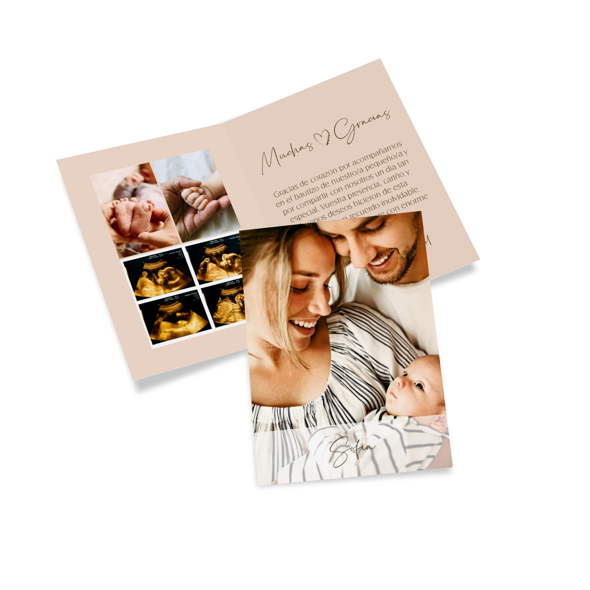 Una tarjeta plegable de agradecimiento de bautizo personalizada con fotos y textos