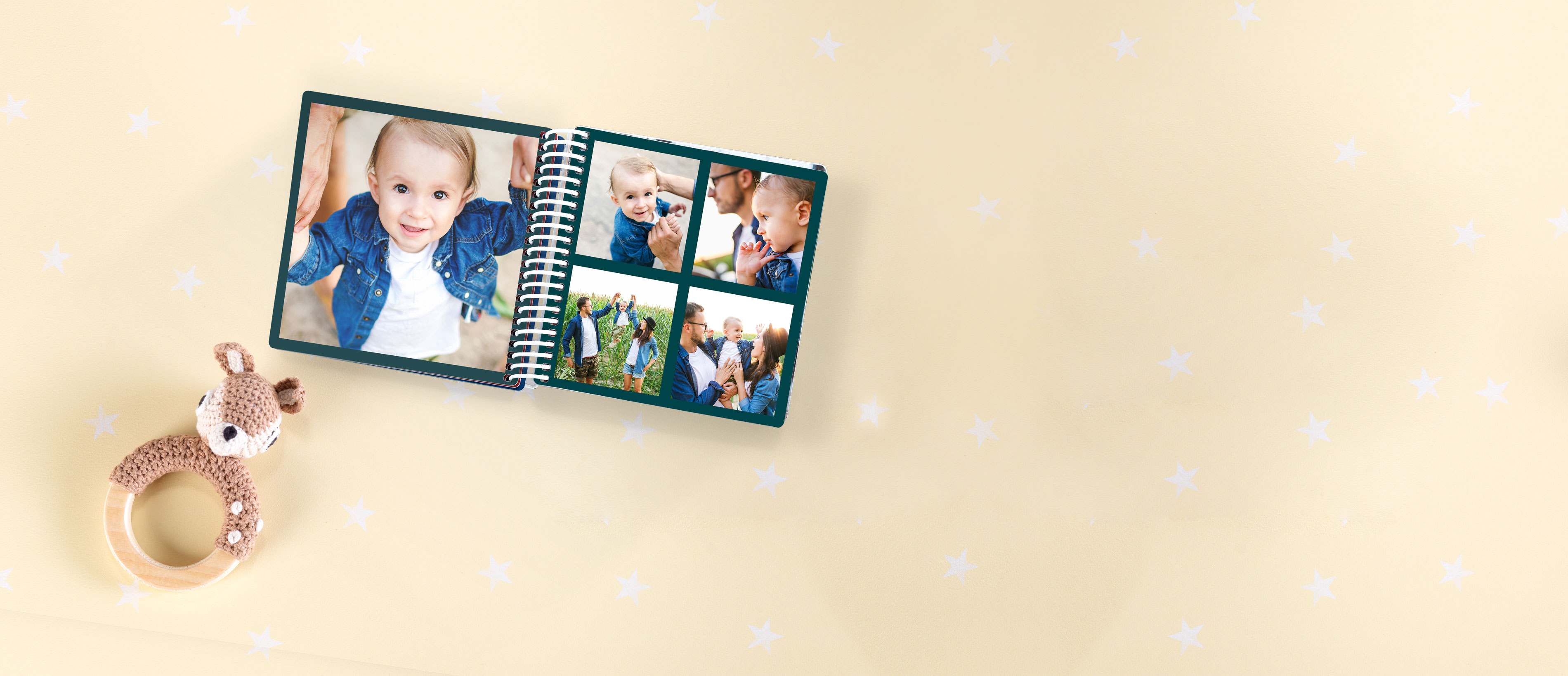 Pêle-mêle dans un livre photo de bébé avec des photos de famille