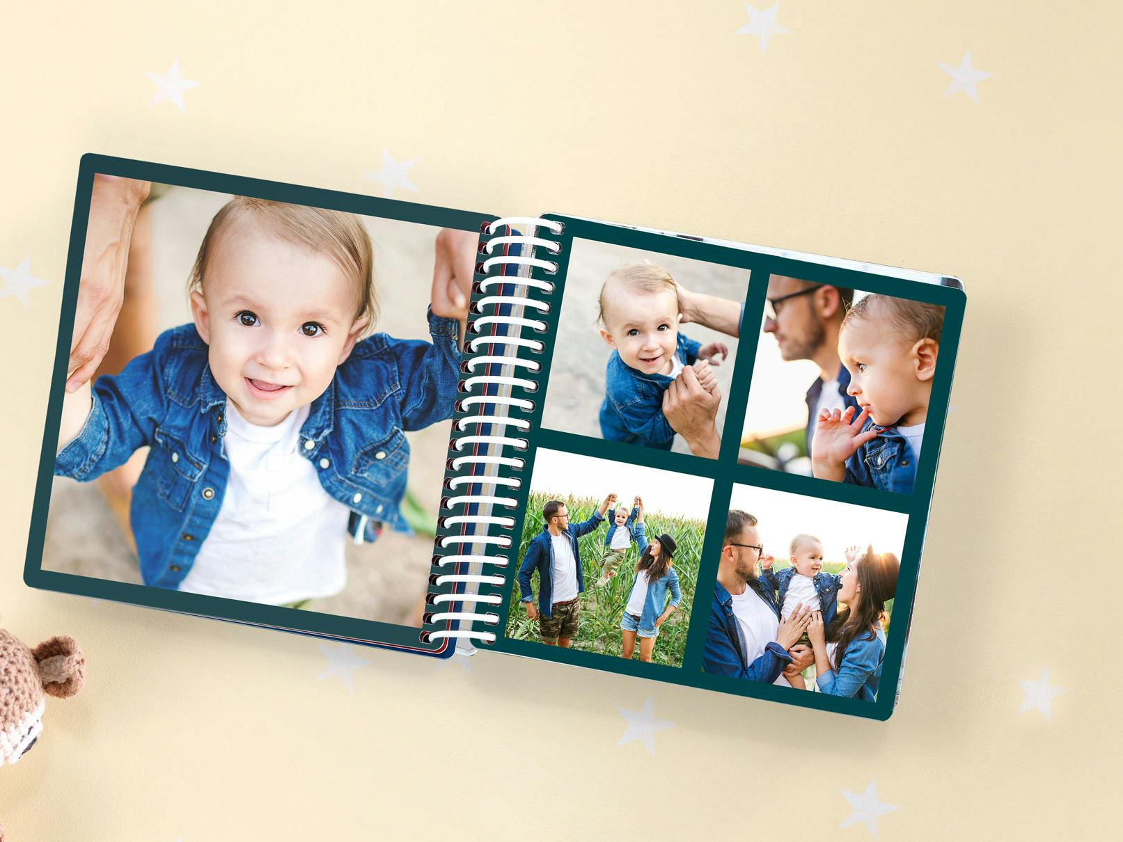 Pêle-mêle dans un livre photo de bébé avec des photos de famille