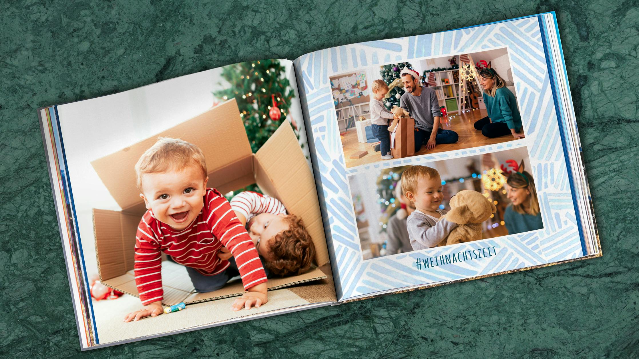 Fotobuch mit weihnachtlichen Motiven eines Babys im Ambiente