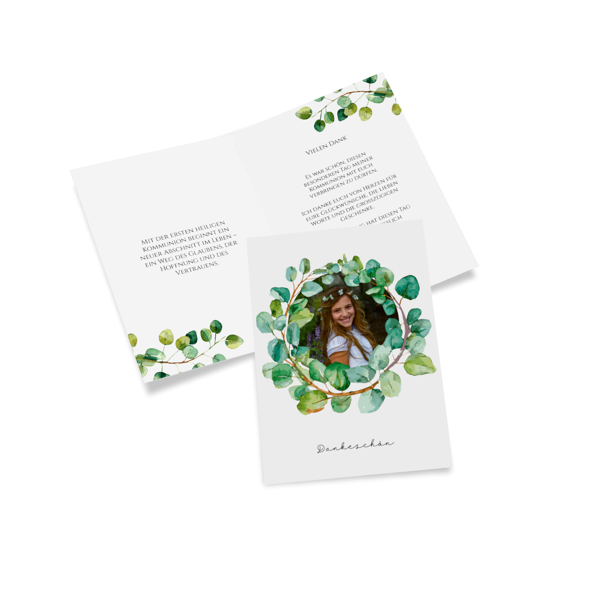 Danksagung zur Kommunion mit einem Rankenkranz und dem Bild eines Mädchens auf der Vorderseite.