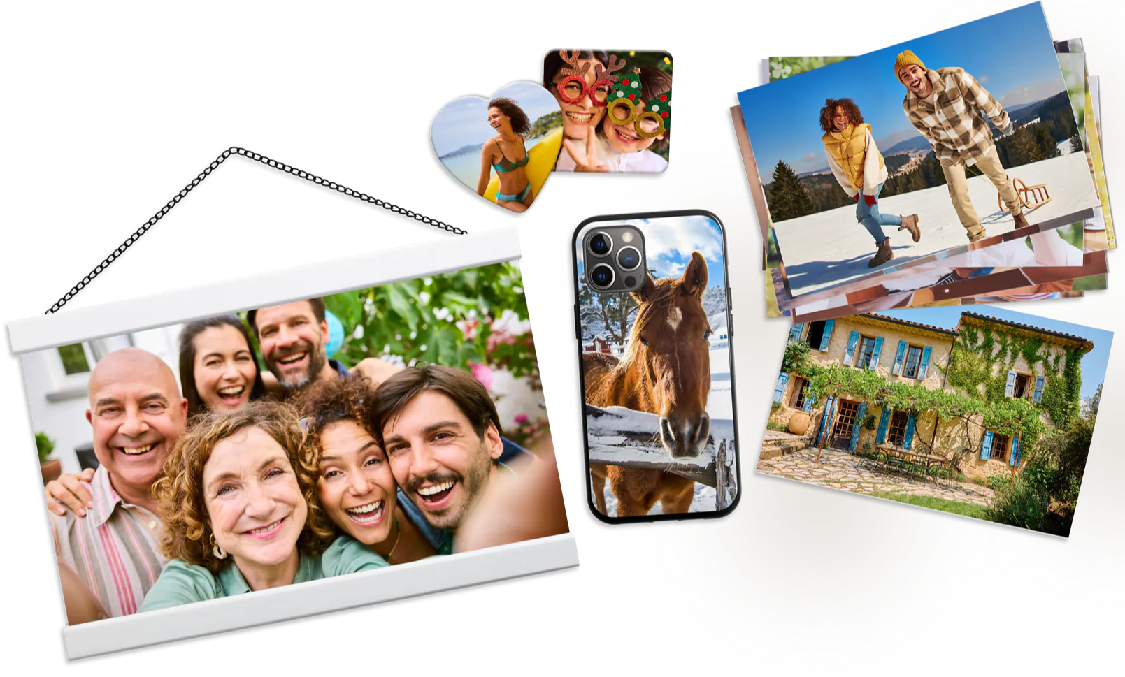Coque de téléphone Pixum, des magnets photo, des tirages photo et des posters.