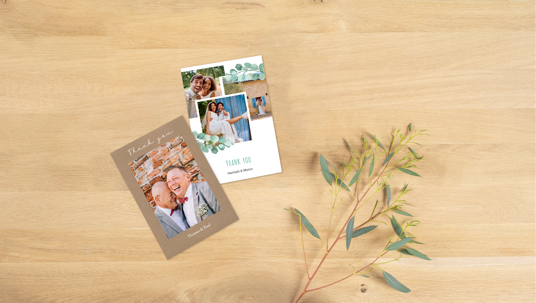 Two thank-you cards with modern designs on a table.
