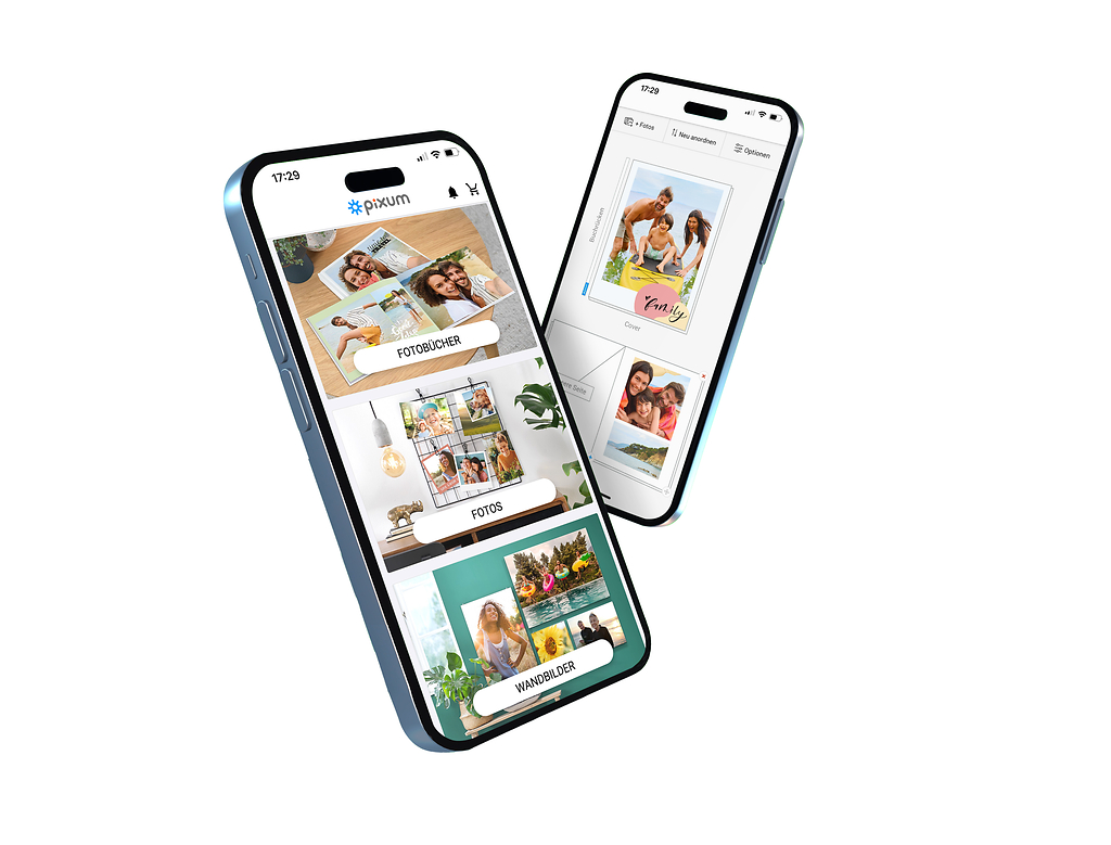 Freisteller von einem Smartphone mit dem Startscreen der Pixum App