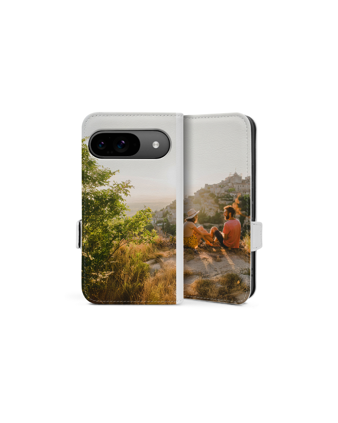 Sideflip-Case für das Google Pixel 9 mit dem Bild von einem Pärchen beim Sonnenuntergang