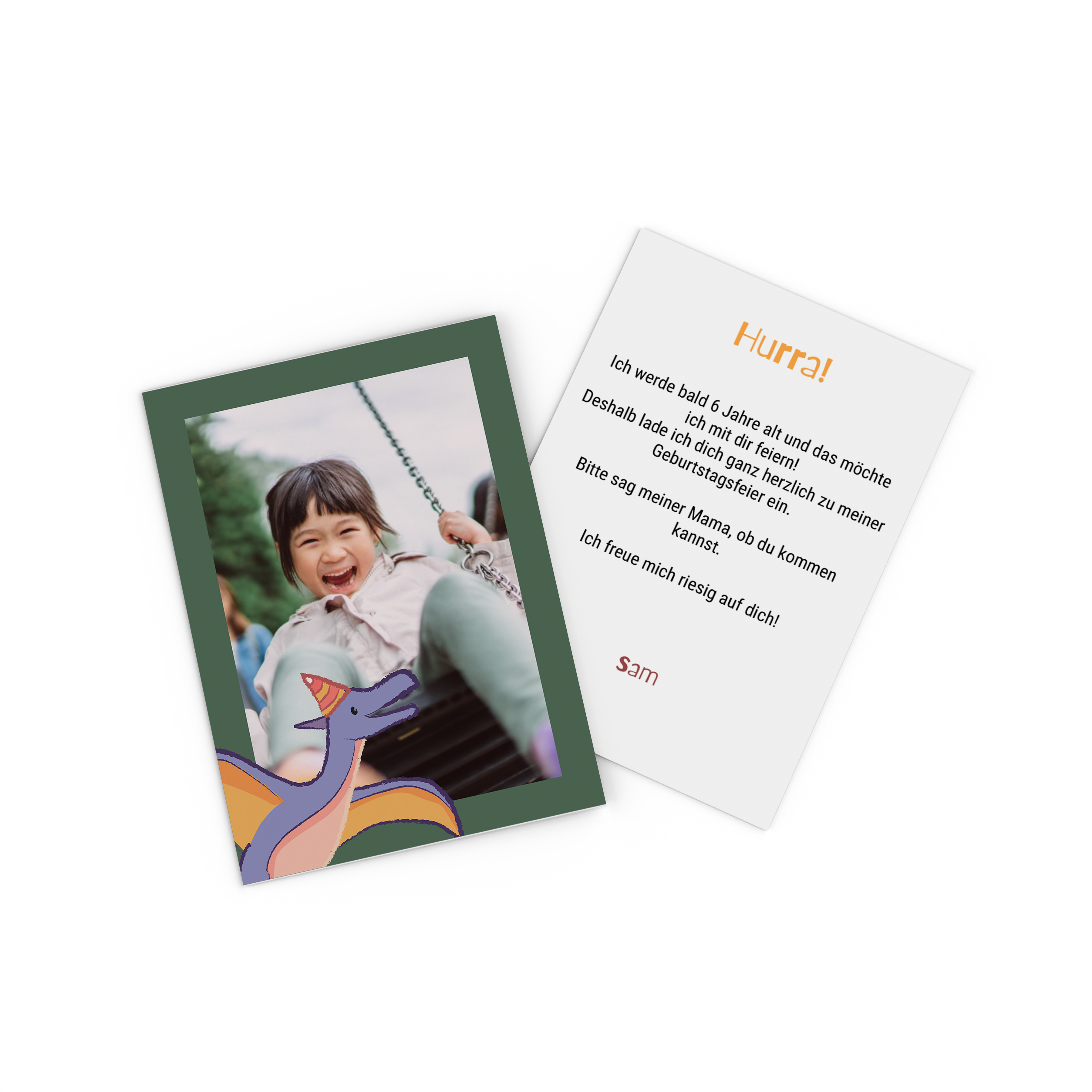Fotokarte mit gezeichnetem Dino als Geburtstagseinladung