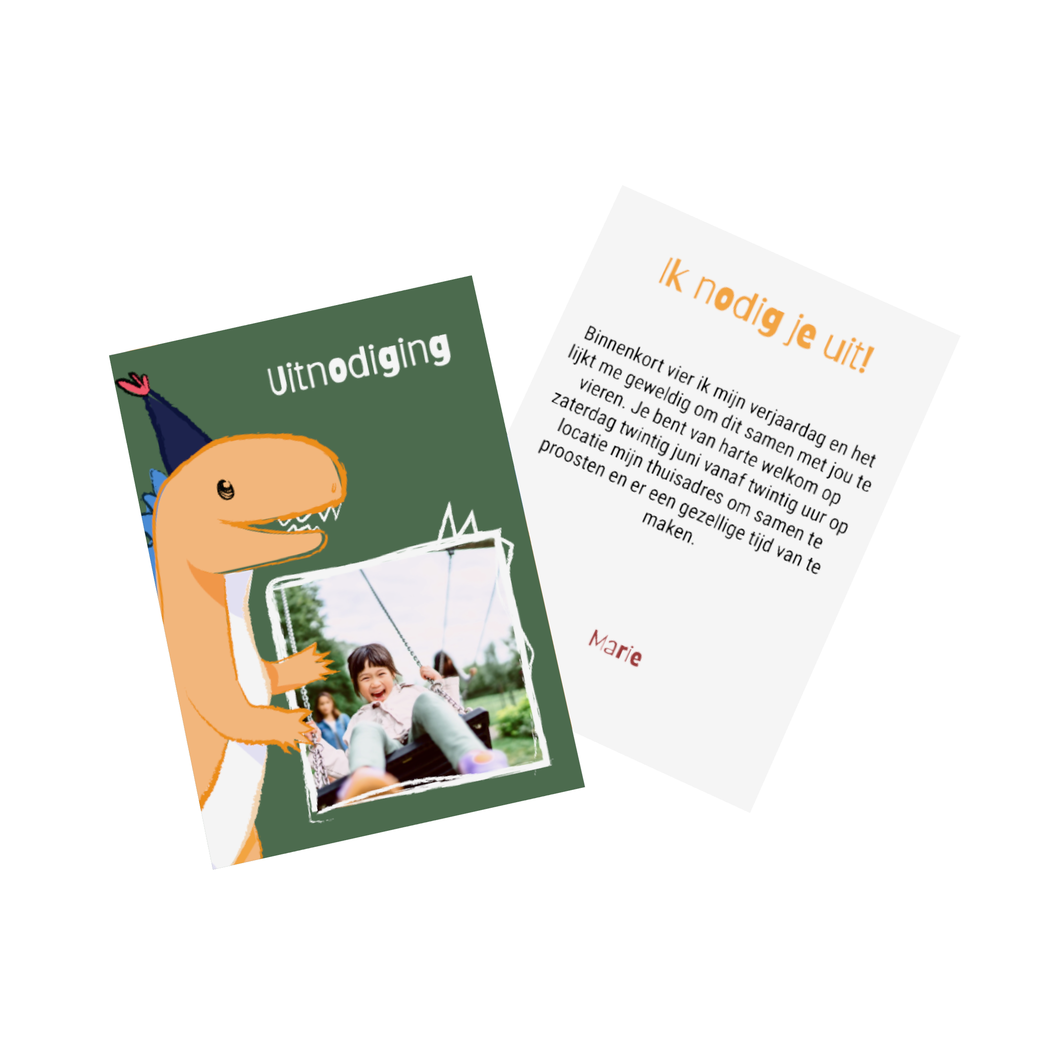 Verjaardagskaart met foto van een meisje en een tekening van een dinosaurus.
