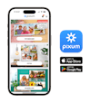 Handy mit dem Screenshot der Pixum App und den Icons vom Google Play und App Store