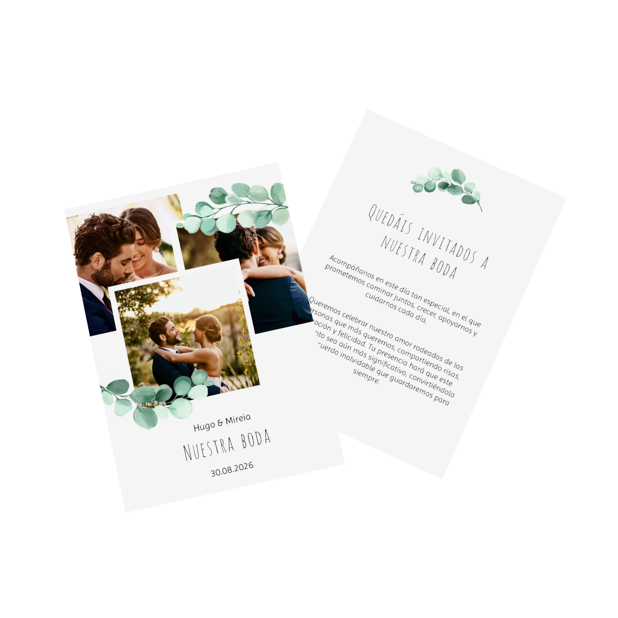 Tarjeta de boda personalizada con fotos de la pareja y texto
