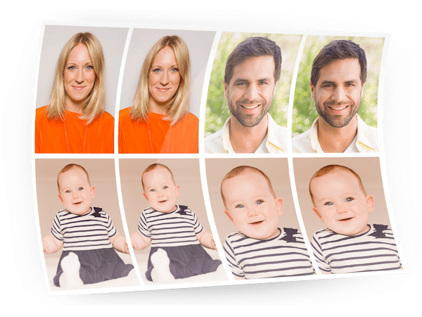 Vrijstaande foto van een fotoafdruk met pasfoto's van een vrouw, een man en een baby