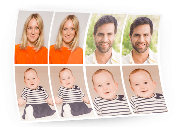 Immagine di un foglio con fototessere di una donna, di un uomo e di un bambino