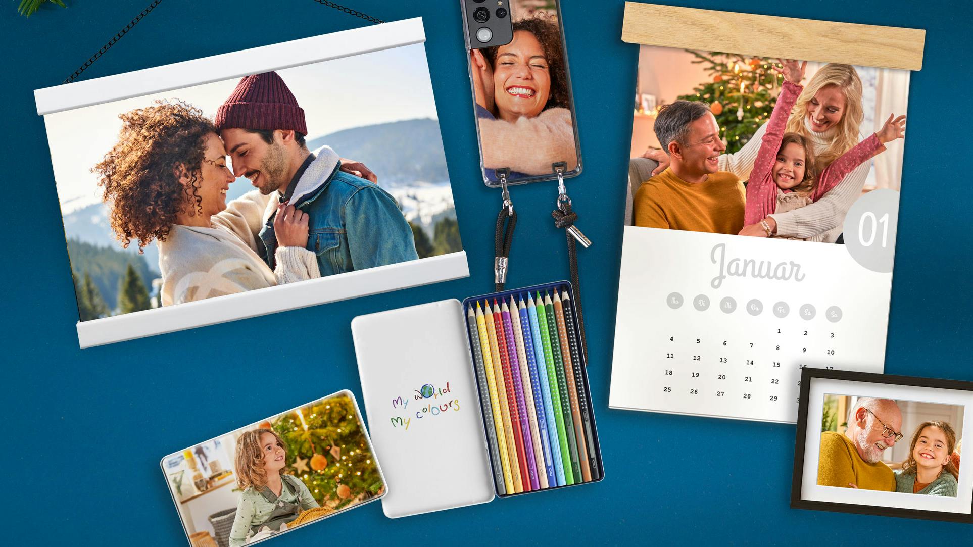 Neue Produkte mit Fotoposterleiste, Kalender mit Holzleiste, Foto im Rahmen, Faber-Castell Stiftebox und Handykette