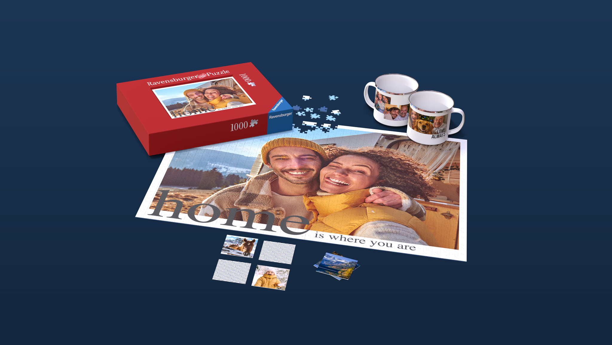 Mix aus Pixum Fotogeschenken bestehend aus Ravensburger Fotopuzzle, Foto-Memo und Emaille-Tassen mit winterlichen Motiven