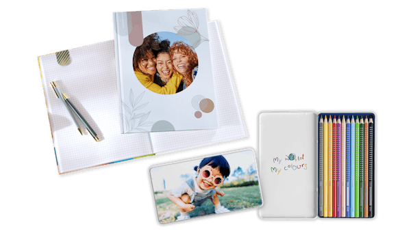 Carnet personnalisé avec photo A5 et boites de crayons Faber-Castell