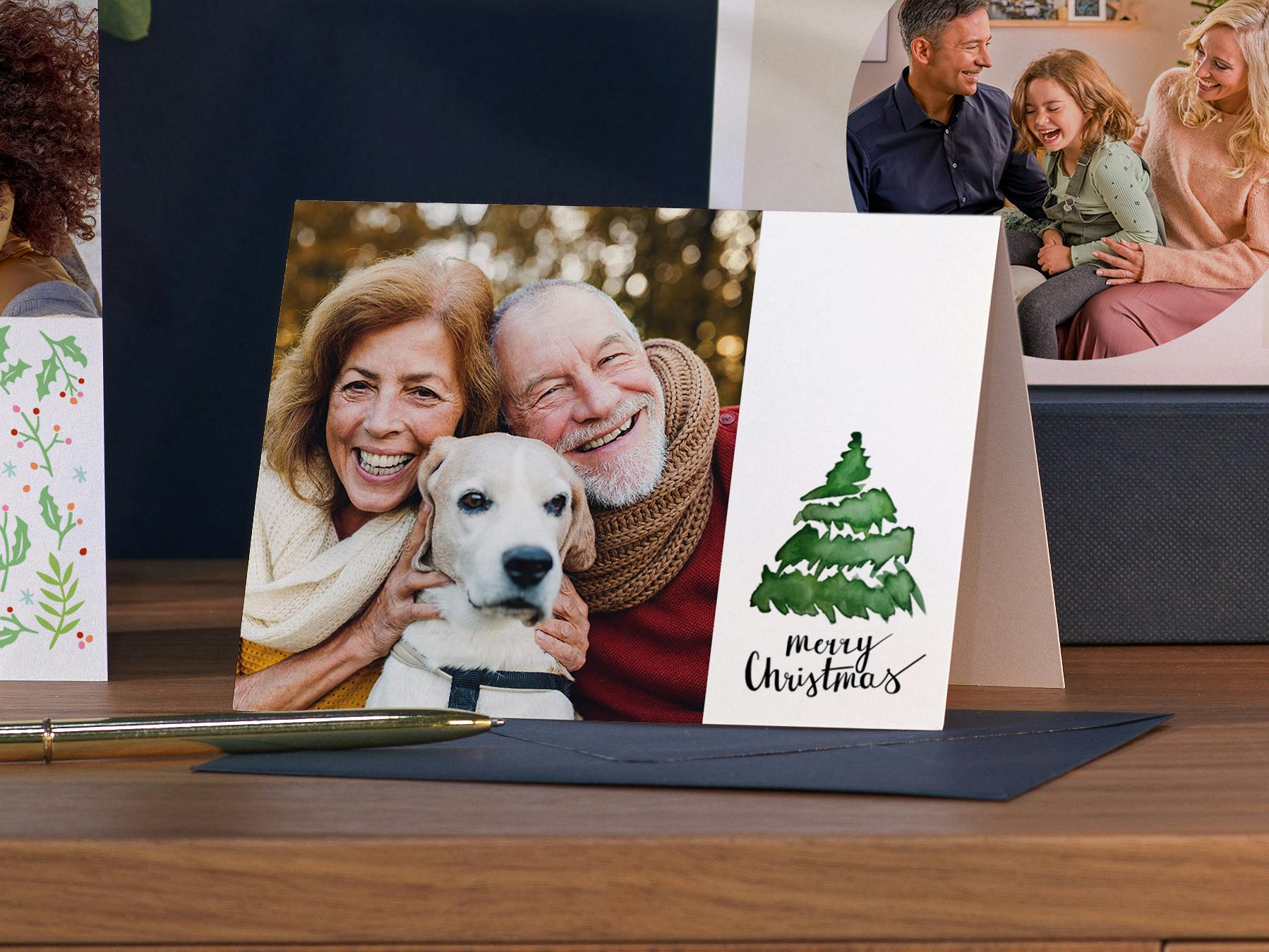 Tre julekort med familiefotos jule design. 