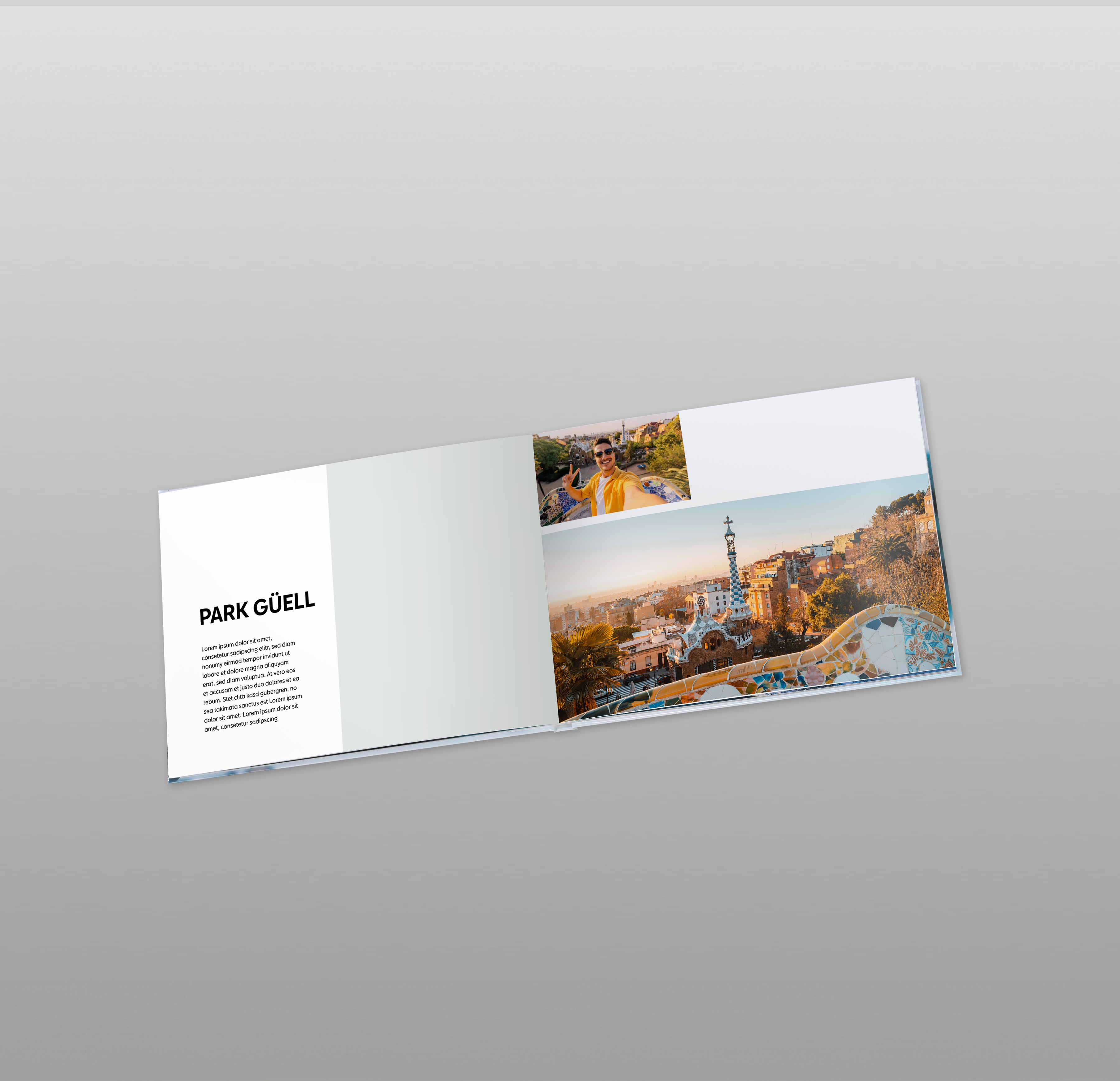 Eine Pixum Fotobuch Innenseite mit der Vorlage "Auf und Davon" um ein Fotobuch vom Urlaub zu gestalten