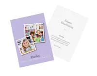 Dankeskarte zur Einschulung mit lila Design und Foto Dankeskarte zur Einschulung. Die Vorderseite ist lila und zeigt zwei Fotos vom Einschulungstag. Darunter steht ein kurzer Dankestext. Auf der Rückseite der Karte befindet sich ein längerer Dankesstext.