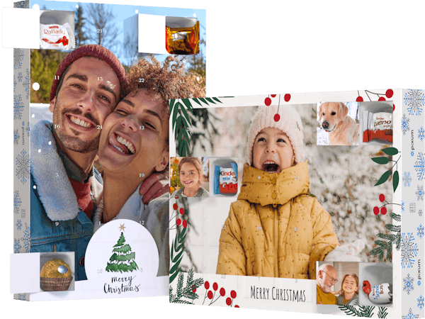 Blandning av personliga adventskalendrar med foto och kinder® och Ferrero-choklad med vinterbilder
