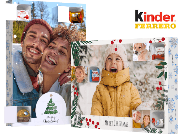 Mix aus Foto-Adventskalendern mit Schokolade von kinder® und Ferrero Pralinen, auf denen winterliche Motive und weihnachtliche Designs zu sehen sind
