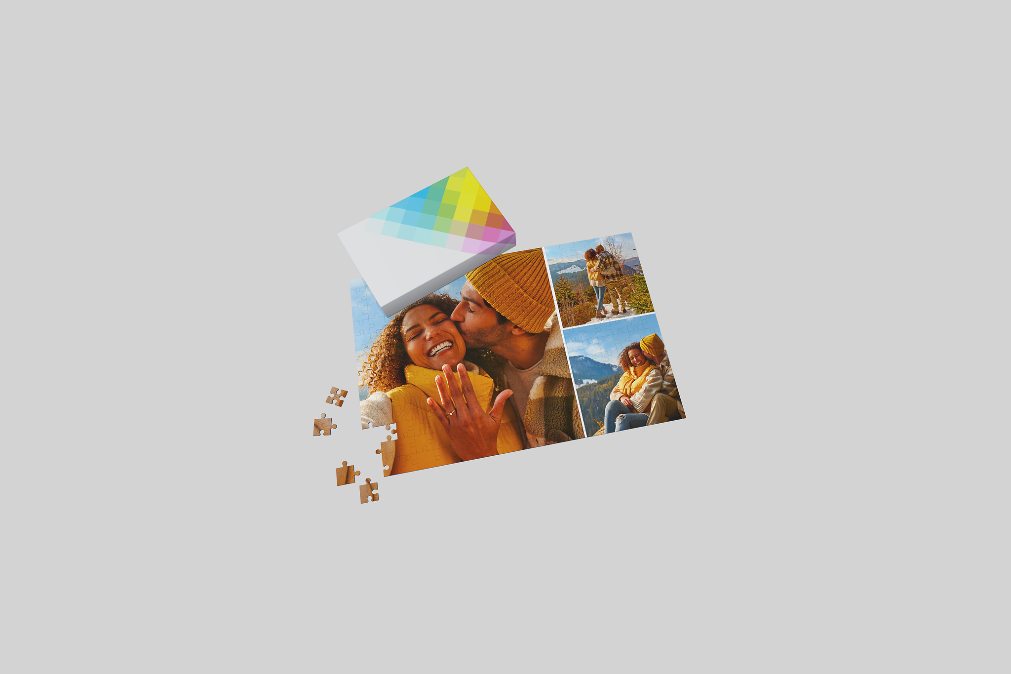 Ein Pixum Fotopuzzle mit 266 Teilen und einer Collage aus drei Bildern eines Pärchens und seiner Verlobung.